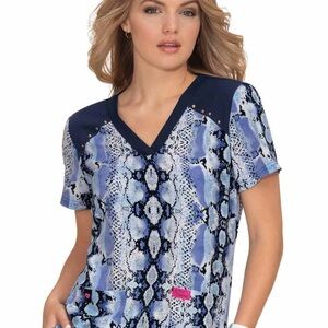 Betsey Johnson Womens Scrub Top Blue Snakeskin Stretch Size Small